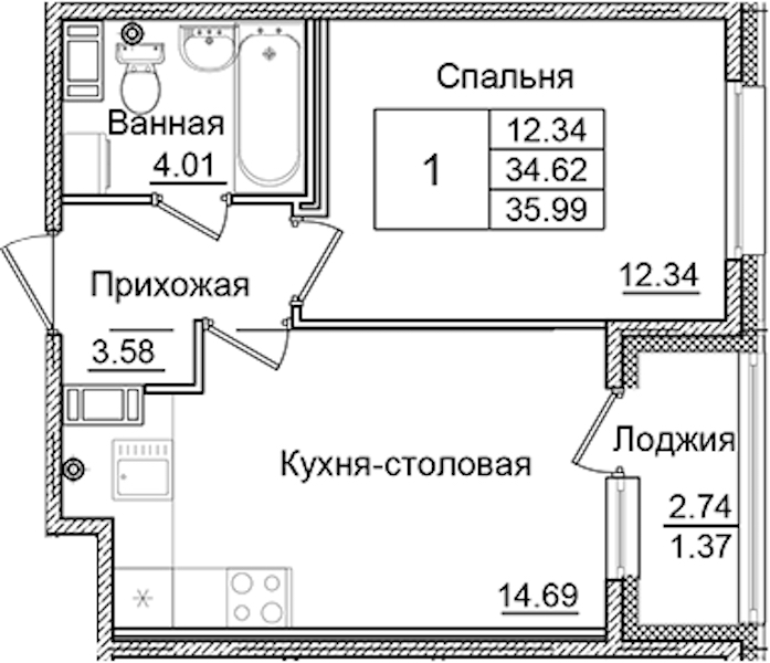 1-комнатная квартира 35.99 м², 9/9 эт., ЖК «Квартал Заречье»